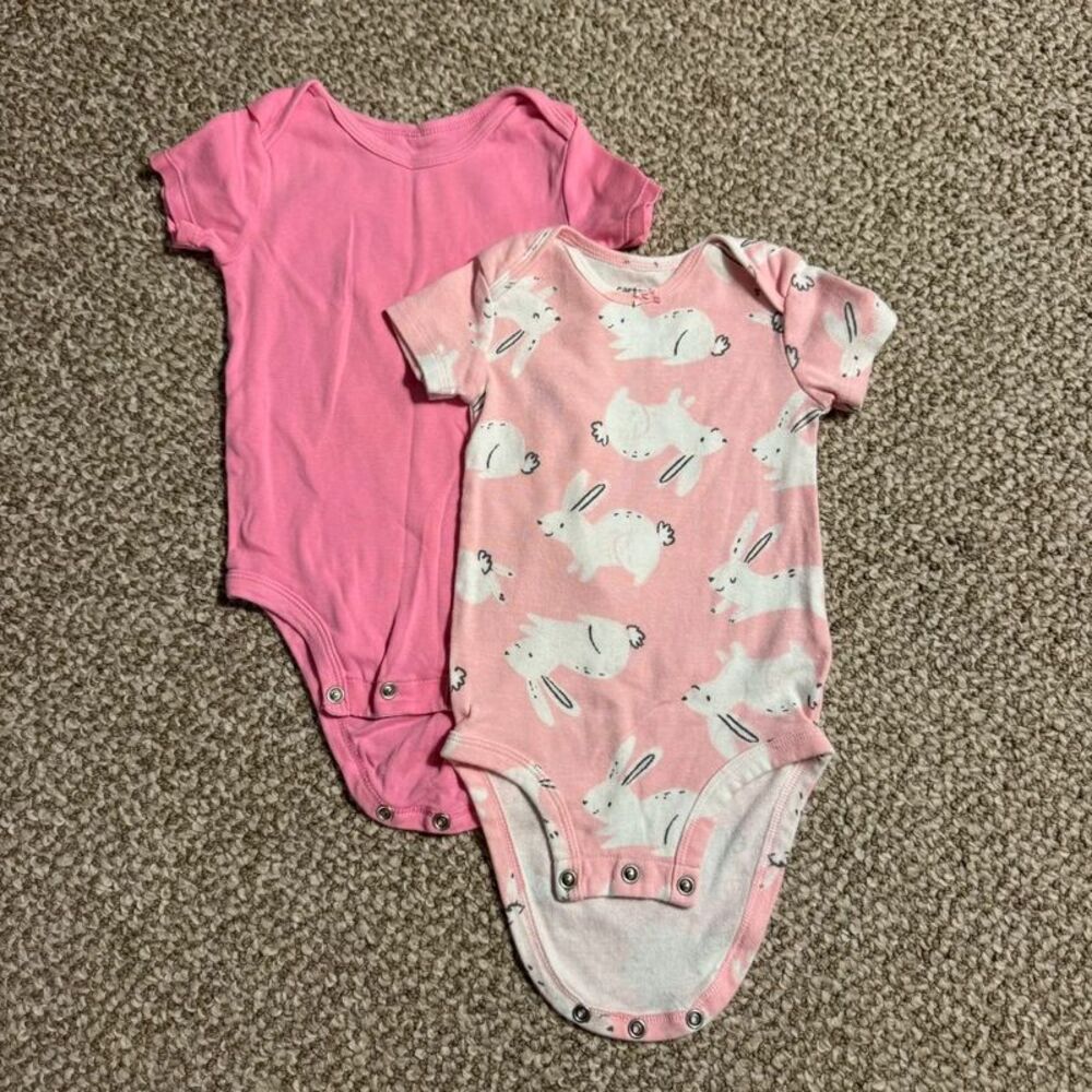 Bundle of 2 Carter's Baby Girl Bodysuits Pink Solid Bunny Print 12 Months